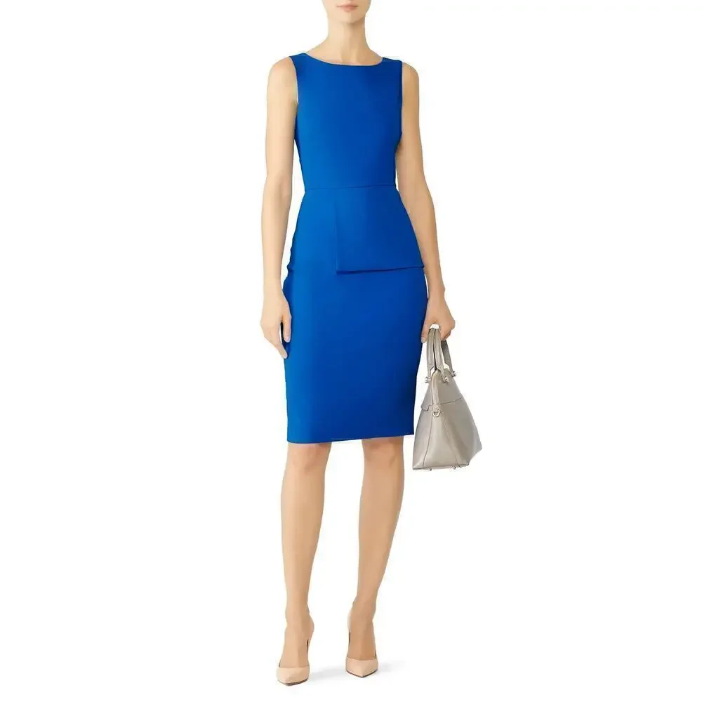 Badgley Mischka Peplum Dress Sleeveless Boat Neck Flap Sheath Knee Length Blue 6